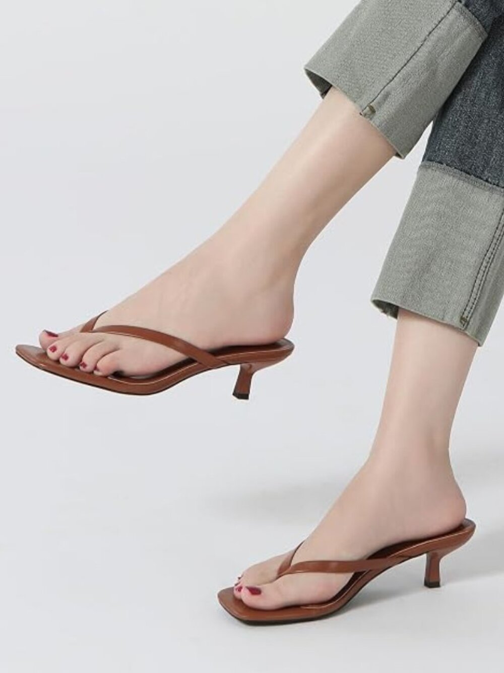 Women's Kitten Heel Sandals Square Toe Slip on Flip Flop Heels 2 Inch Thong Sand